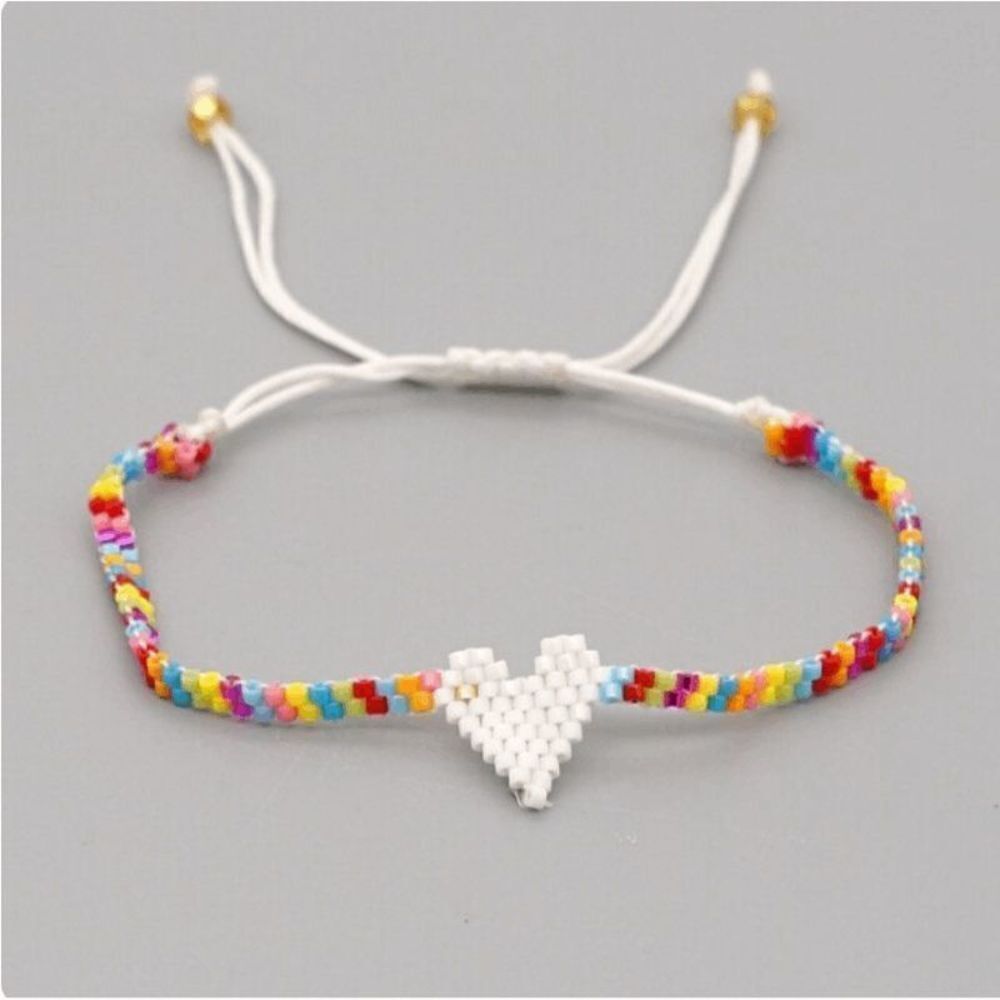 Miyuki Delica White and Rainbow Colored Heart Shaped Seed Bead Bracelet